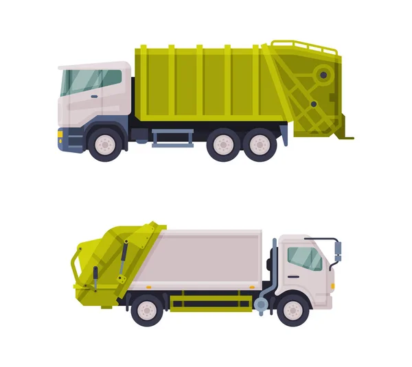 Garbage Truck for Transporting Solid Waste to Recycling Center Vector Set — Archivo Imágenes Vectoriales