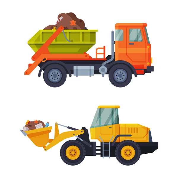Waste Management or Garbage Processing with Machine Engaged in Trash Treatment Vector Set — Stock vektor