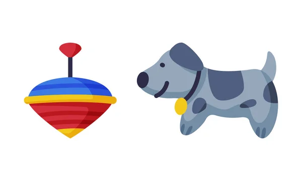 Pegtop et chien comme ensemble vectoriel de jouets colorés pour enfants — Image vectorielle