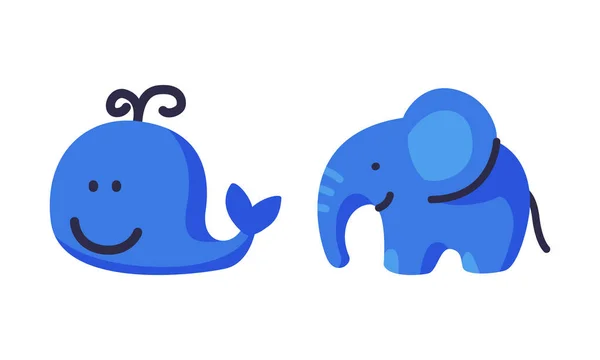 Blå elefant og hval som fargerike barnevektorsett – stockvektor