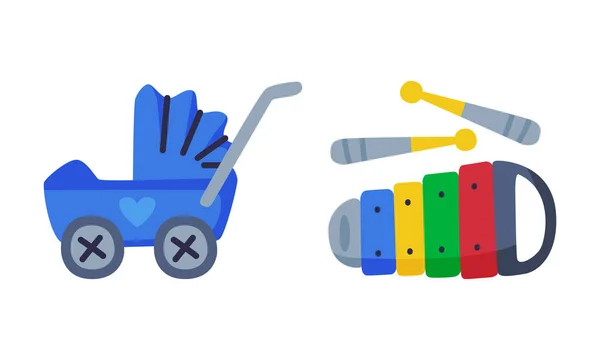 Xylophone και Baby Carriage ως πολύχρωμο παιδικό σετ διάνυσμα παιχνιδιών — Διανυσματικό Αρχείο