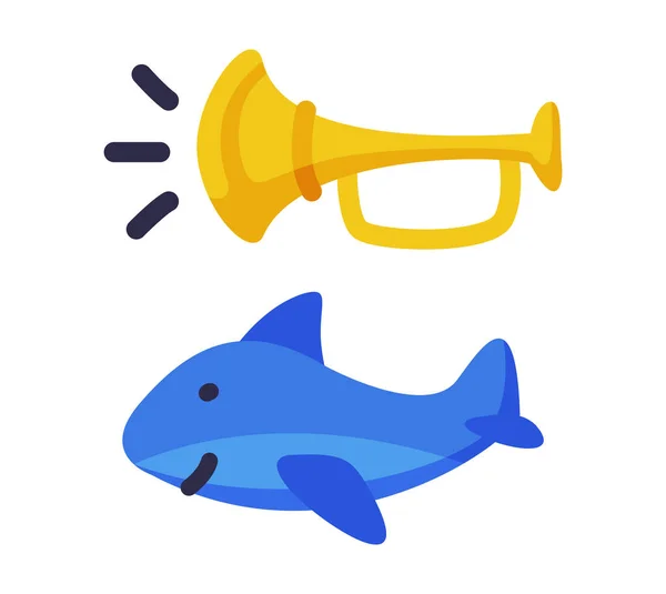 Trumpet and Blue Shark as Colorful Kids Toy Vector Set — Stockvector