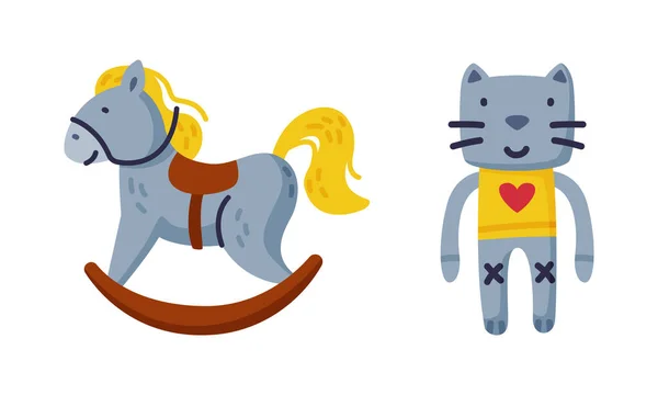 Cat and Rocking Horse as Colorful Kids Toy Vector Set — Image vectorielle