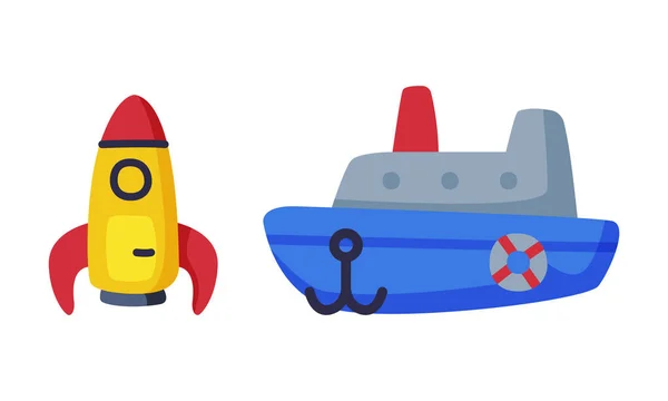 Rocket and Ship as Colorful Kids Toy Vector Set – stockvektor