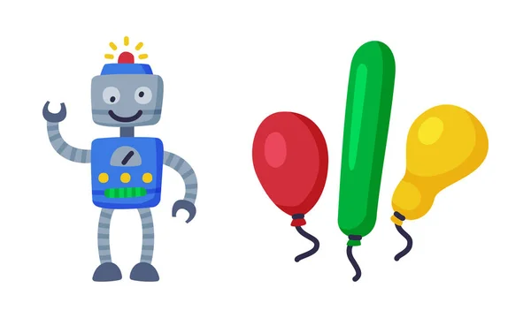 Ballon et robot comme ensemble vectoriel de jouets colorés pour enfants — Image vectorielle