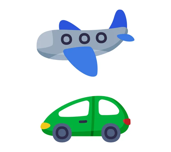 Green Car and Plane as Colorful Kids Toy Vector Set —  Vetores de Stock