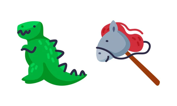 Cabeza de dinosaurio y caballo en poste como colorido conjunto de vectores de juguete para niños — Archivo Imágenes Vectoriales