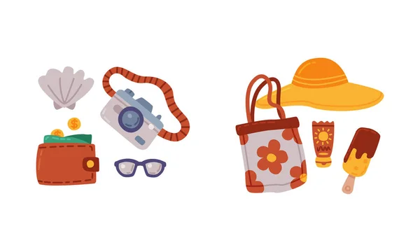 Camera, Wide Brimmed Hat and Wallet as Travel and Tourist Item Vector Set — ストックベクタ