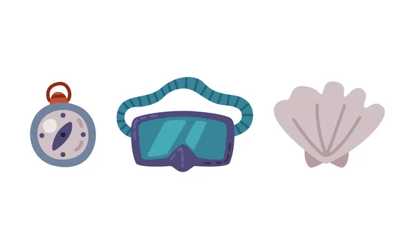 Brújula, gafas de buceo y concha marina como conjunto de vectores de artículos turísticos y de viajes — Vector de stock