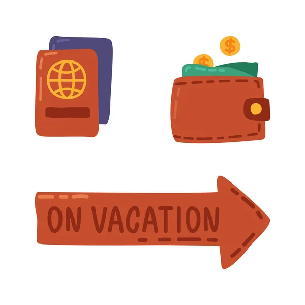 旅行と観光商品ベクトルセットとしての碑文とパスポート、財布、矢印 — ストックベクタ