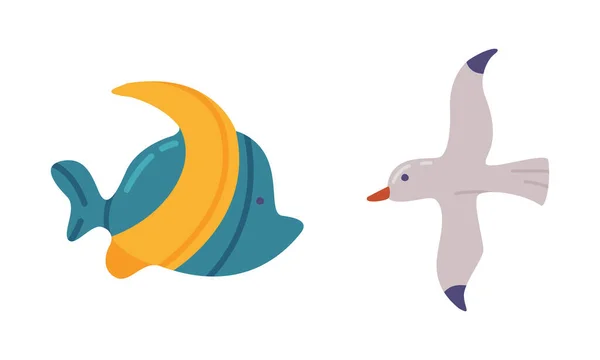 Seagull and Fish as Travel and Tourist Attribute Vector Set — ストックベクタ