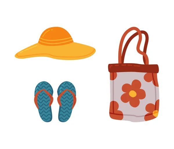 Τσάντα καμβά, Flip Flops και ευρύ Γεμάτο καπέλο ως ταξιδιωτικό και τουριστικό σετ διανυσματικών στοιχείων — Διανυσματικό Αρχείο