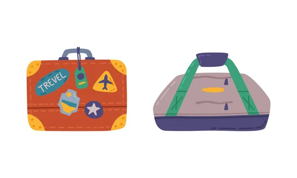 Trunk with Stickers and Bag as Travel and Tourist Item Vector Set — Stock vektor