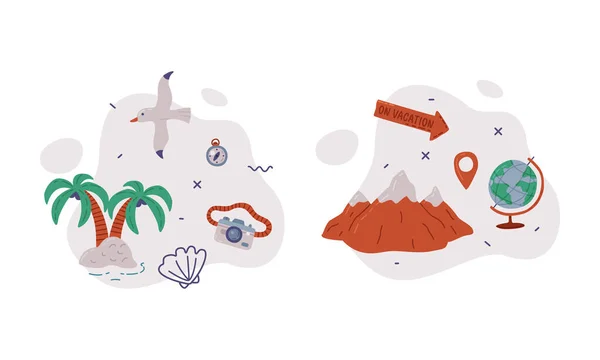 Globe, Island and Palm Tree on Shore as Travel and Tourist Item Vector Composition Set — Wektor stockowy