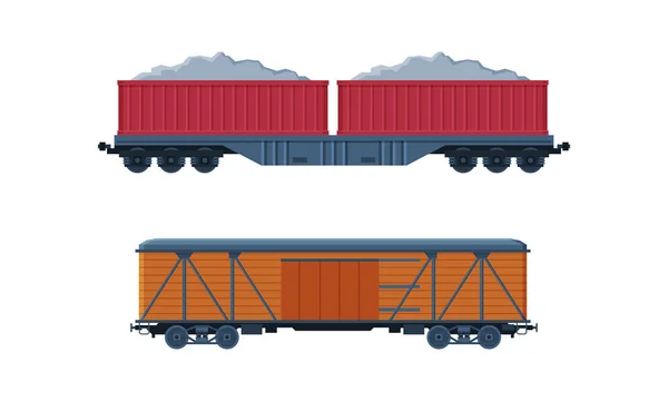 Tren como conjunto vectorial de servicio de transporte de carga y mercancías por ferrocarril — Vector de stock