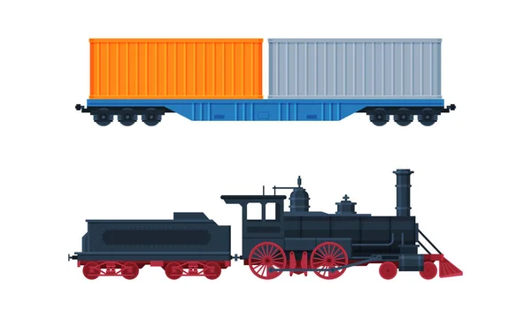 Train as Rail Freight and Cargo Transport Service Vector Set — Vetor de Stock