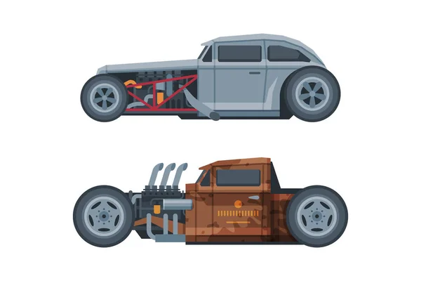 American Hot Rod Car with Large Engine and Tubes for Speed and Acceleration Vector Set — Vetor de Stock