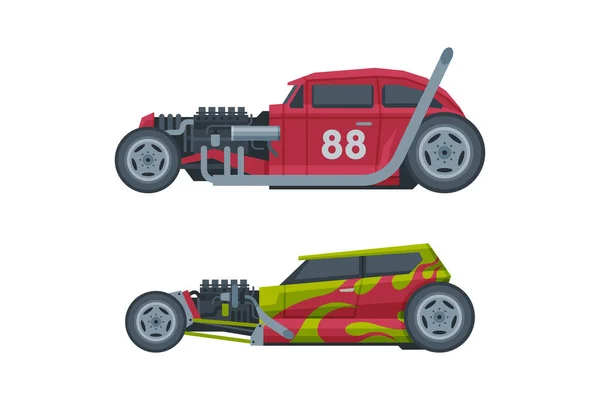 American Hot Rod Car with Large Engine and Tubes for Speed and Acceleration Vector Set — Vetor de Stock