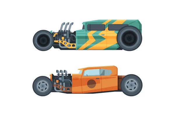 American Hot Rod Car with Large Engine and Tubes for Speed and Acceleration Vector Set — Stok Vektör