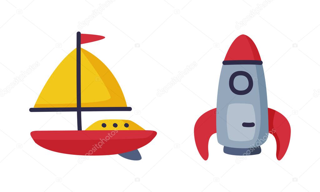Rocket and Ship as Colorful Kids Toy Vector Set