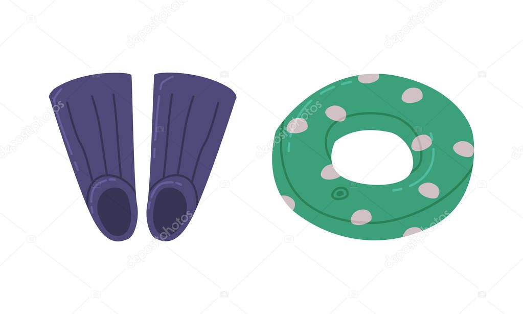 Rubber Ring for Swimming and Flippers as Travel and Tourist Item Vector Set