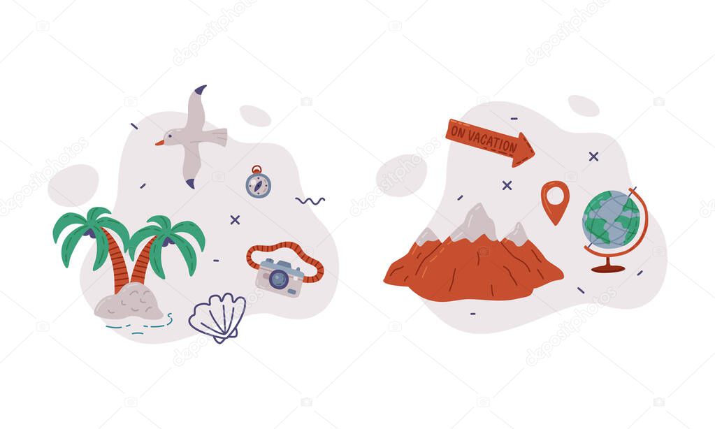 Globe, Island and Palm Tree on Shore as Travel and Tourist Item Vector Composition Set