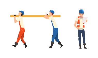 Man Builder Character in Orange Overall and Hard Hat in Gloves Carrying Lumber Vector Illustration Set