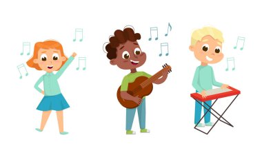 Funny Boy and Girl Standing and Playing Guitar and Keyboard Vector Set