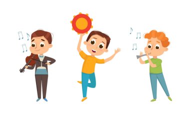 Funny Boy Standing and Playing Flute and Violin Vector Set