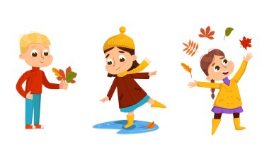 Cute Little Girl with Autumn Leaves Enjoying Fall Season Walking Outdoor Vector Set