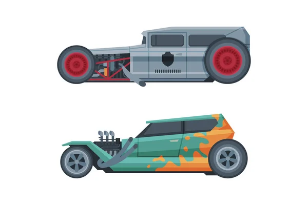 American Hot Rod Car with Large Engine and Tubes for Speed and Acceleration Vector Set — Stok Vektör
