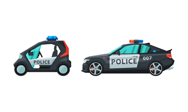 Coche de policía o coche patrulla como vehículo terrestre para el conjunto de vectores de transporte — Vector de stock