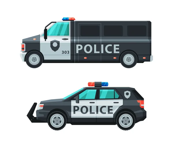 Coche de policía o coche patrulla como vehículo terrestre para el conjunto de vectores de transporte — Vector de stock