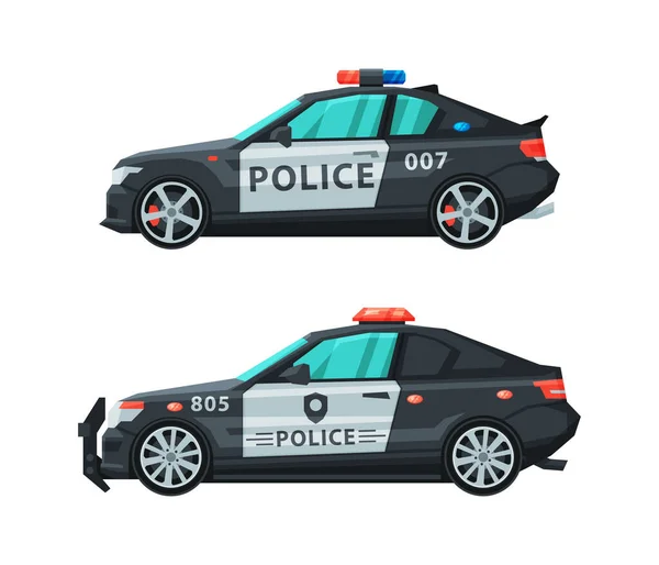Coche de policía o coche patrulla como vehículo terrestre para el conjunto de vectores de transporte — Vector de stock