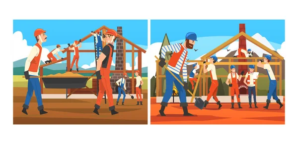 Man Builder Character in Orange Overall and Hard Hat Building House Vector Illustration Set — Stockový vektor