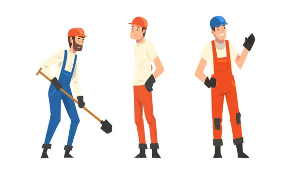 Man Builder Character in Orange Συνολικά και Hard Hat in Gloves και με Shovel Building House Vector Illustration Set — Διανυσματικό Αρχείο