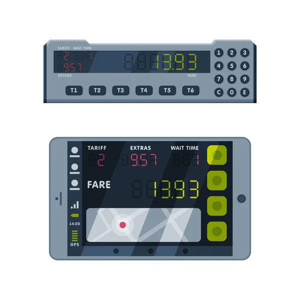 Taximeter as Electronic Device Installed in Taxicab for Calculating Passenger Fare Vector Set — Stock Vector