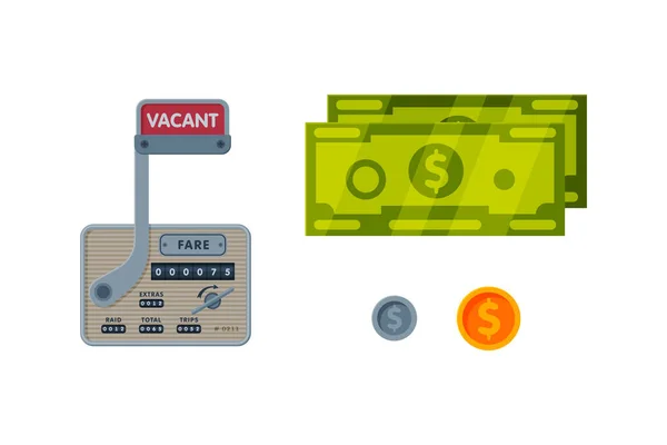 Cash Money and Taximeter as Device Installed in Taxicab for Calculating Passenger Fare Vector Set — Stockvector