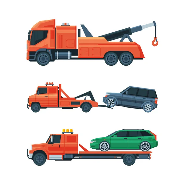 Tow Truck or Wrecker Moving Disabled or Impounded Motor Vehicle Vector Set — 图库矢量图片