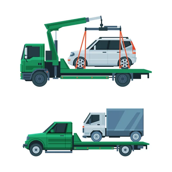 Tow Truck or Wrecker Moving Disabled or Impounded Motor Vehicle Vector Set — Stockový vektor