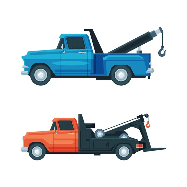 Tow Truck or Wrecker Moving Disabled or Impounded Motor Vehicle Vector Set — Stockový vektor