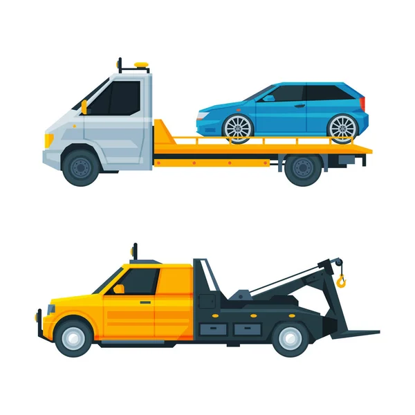 Tow Truck or Wrecker Moving Disabled or Impounded Motor Vehicle Vector Set — Vettoriale Stock