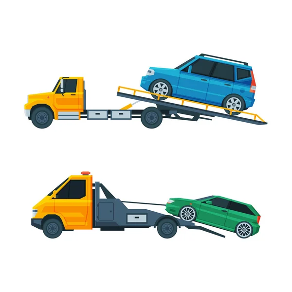 Tow Truck or Wrecker Moving Disabled or Impounded Motor Vehicle Vector Set —  Vetores de Stock