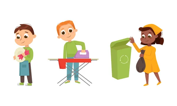 Little Big-eyed Boy Ironing Clothes on Ironing-table and Girl Discarding Rubbish in Dustbin Vector Set — 图库矢量图片