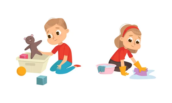 Little Big-eyed Boy Picking Up Toys in Box and Girl Washing Floor Vector Set — Stock vektor