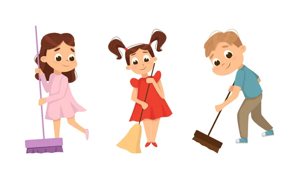 Little Big-eyed Boy and Girl with Broom Sweeping Floor Vector Set — Stockový vektor