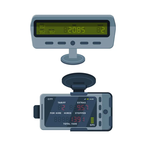 Taximetro como dispositivo electrónico instalado en taxi para calcular el conjunto de vectores de tarifas de pasajeros Ilustración De Stock