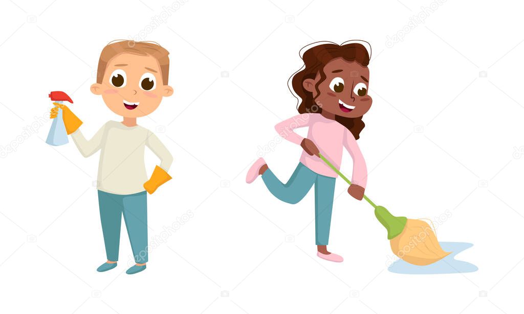 Little Big-eyed Girl Mopping Floor and Boy in Gloves with Detergent Vector Set