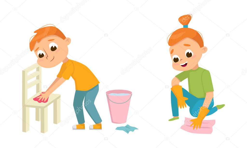 Little Big-eyed Boy and Girl Dusting Chair and Floor with Wet Cloth Vector Set