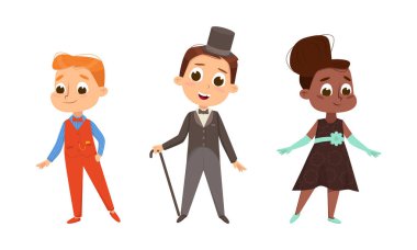 Cute Children Dressed in Elegant Clothes Standing and Smiling Vector Set